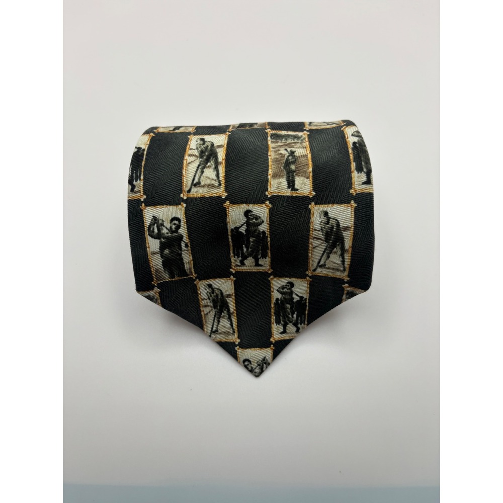 Tommy Bahama Mens Silk Tie Black Vintage Golf Theme Sports Pattern Made in USA